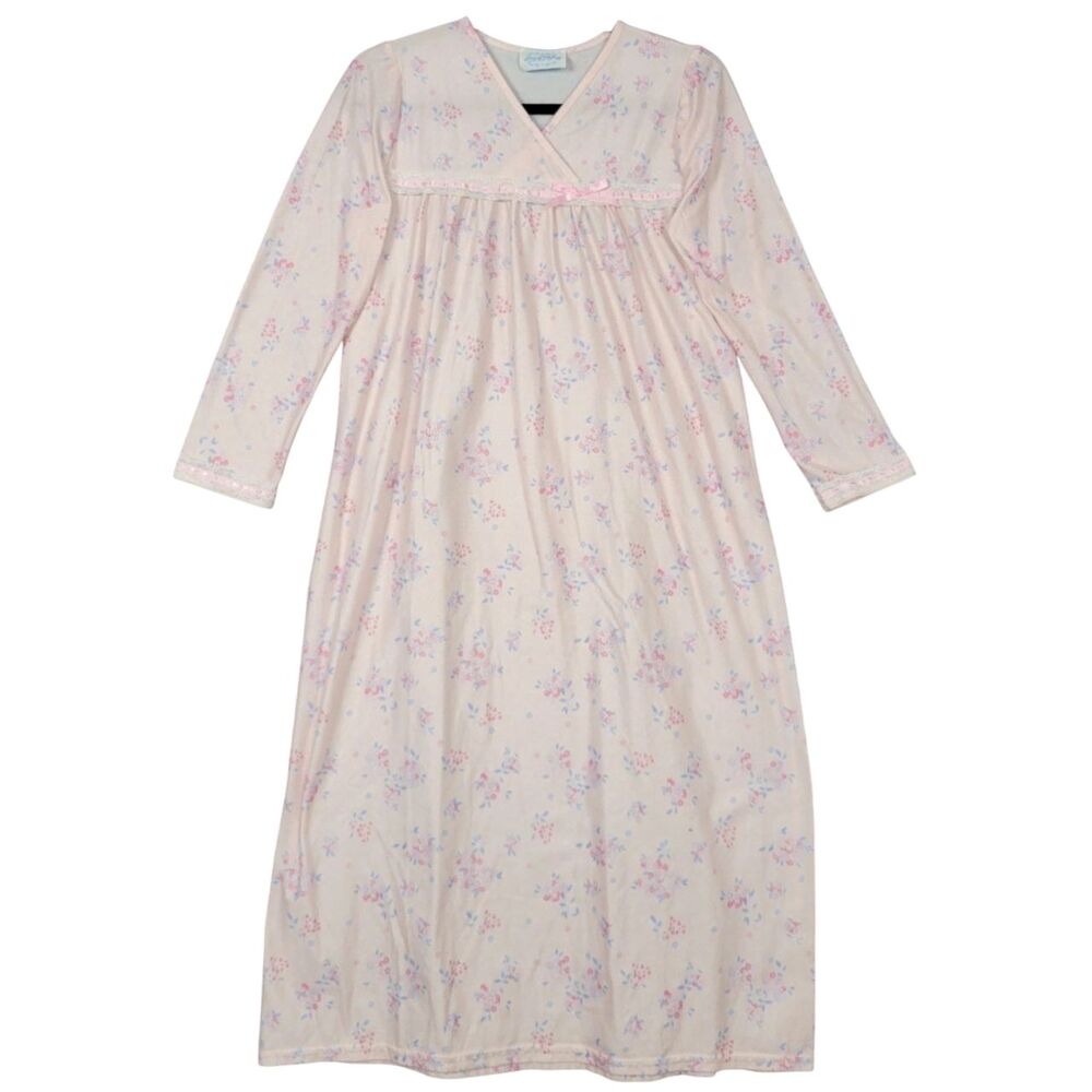 LANZ OF SALZBURG Pink Floral Flannel Long Nightgown Yoke Bow SIZE LARGE 12-14
